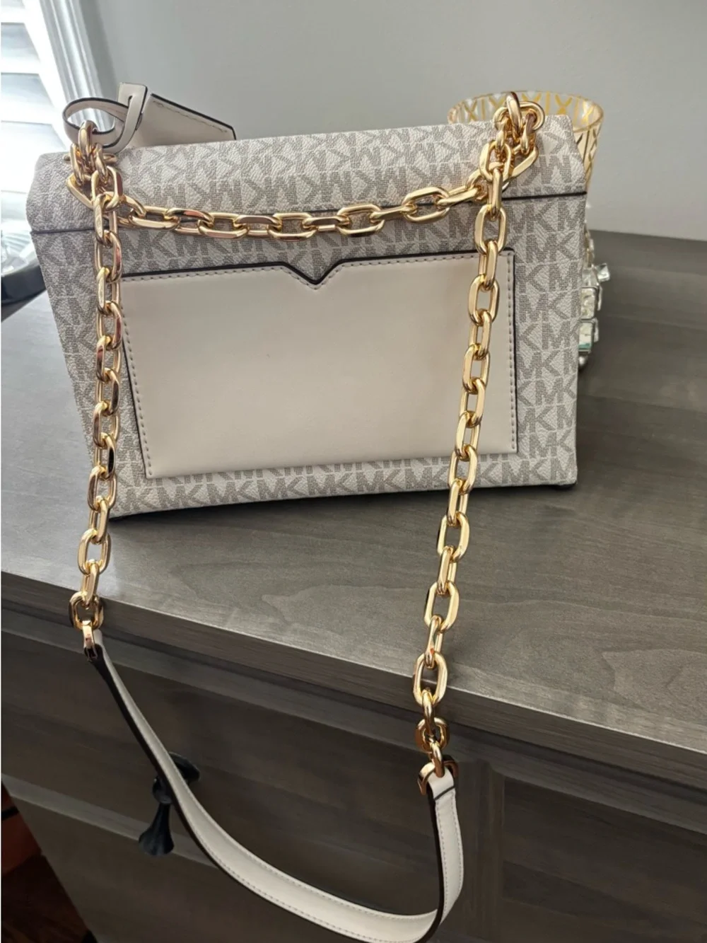 NWT Michael Kors Cream MK Logo Chain Medium Crossbody Bag - Picture 9 of 17